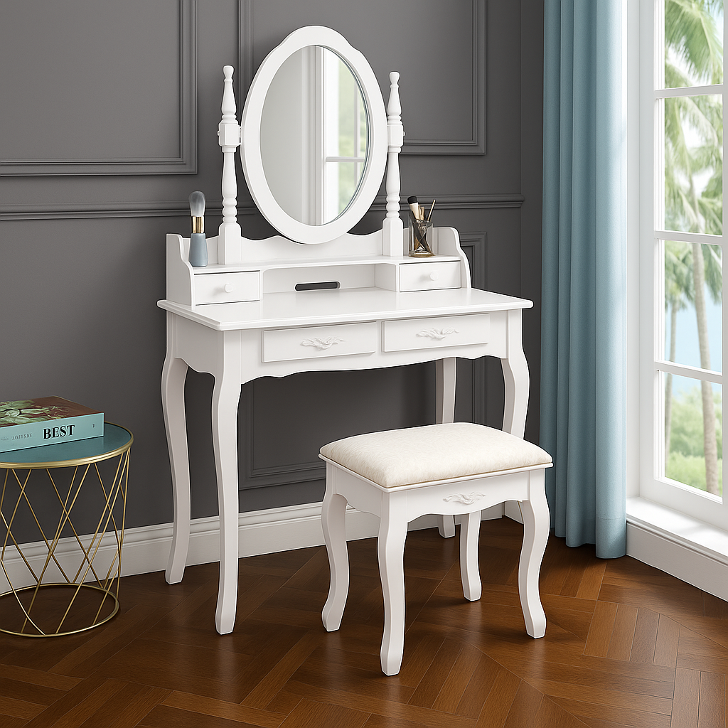 Elegance White Vanity Table Set – Makeup Desk with Mirror & Stool, 4 Drawers