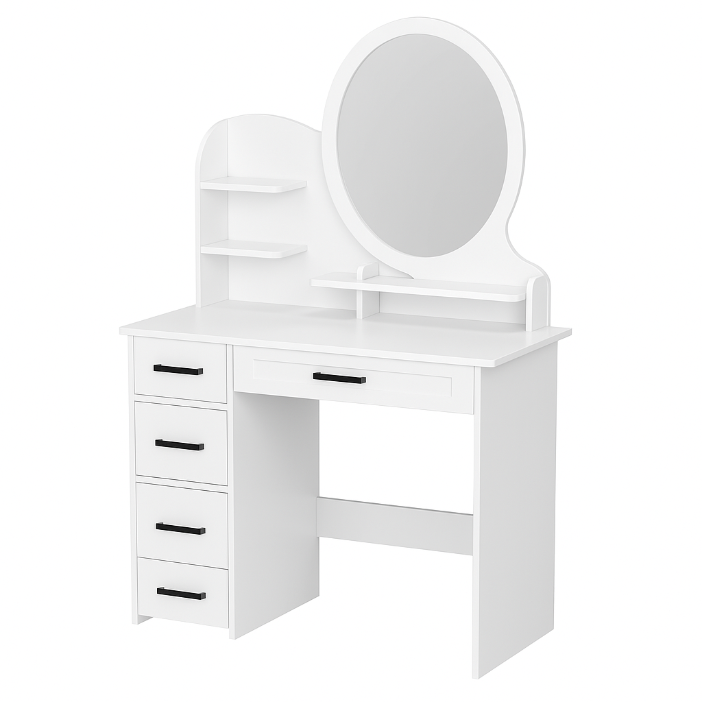 Modern White Makeup Vanity Desk with Mirror and 4 Drawers – Storage Shelves & LED Option