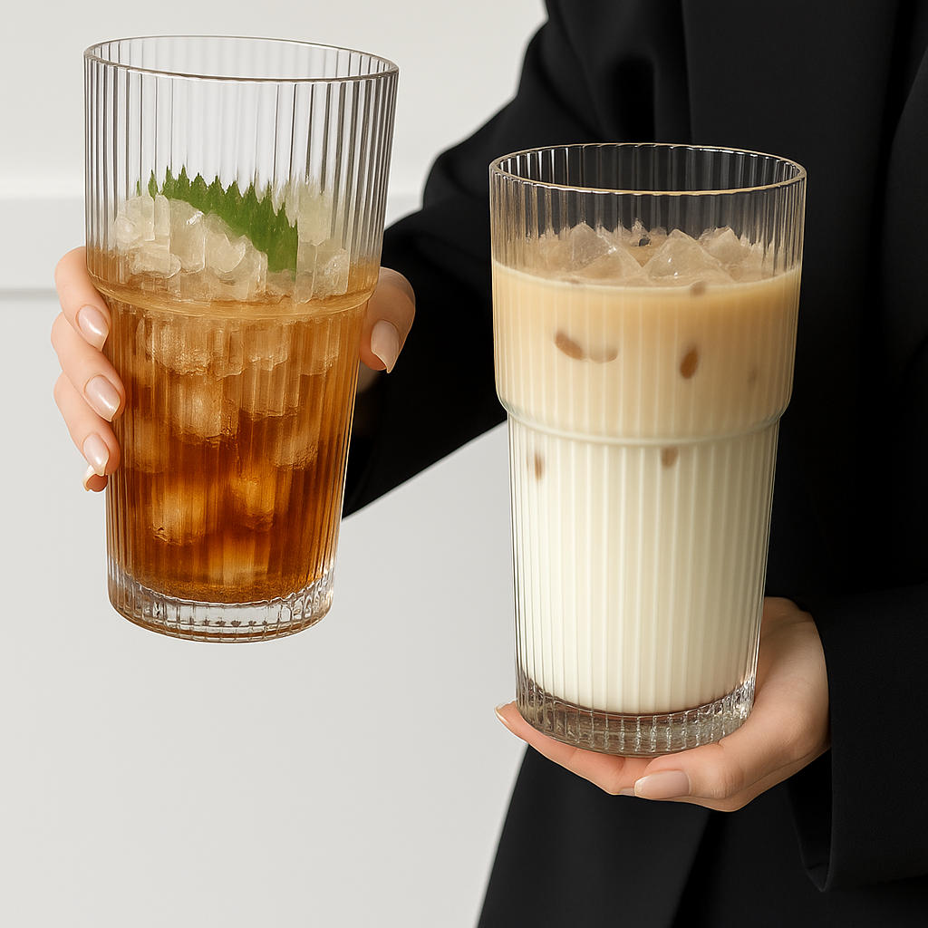 600ml Stripe Glass Cup with Lid & Straw – Iced Coffee & Juice Tumbler