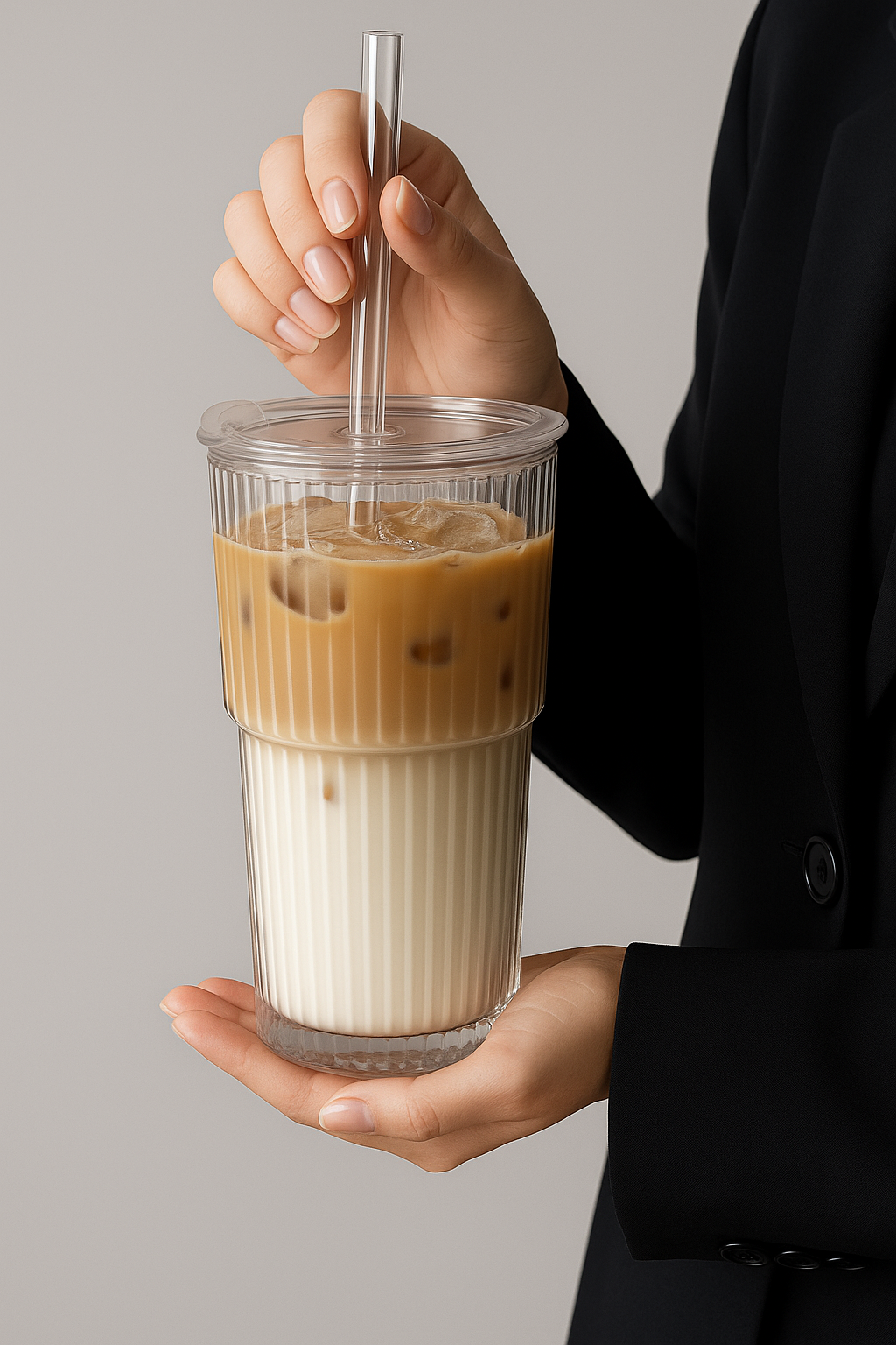 600ml Stripe Glass Cup with Lid & Straw – Iced Coffee & Juice Tumbler