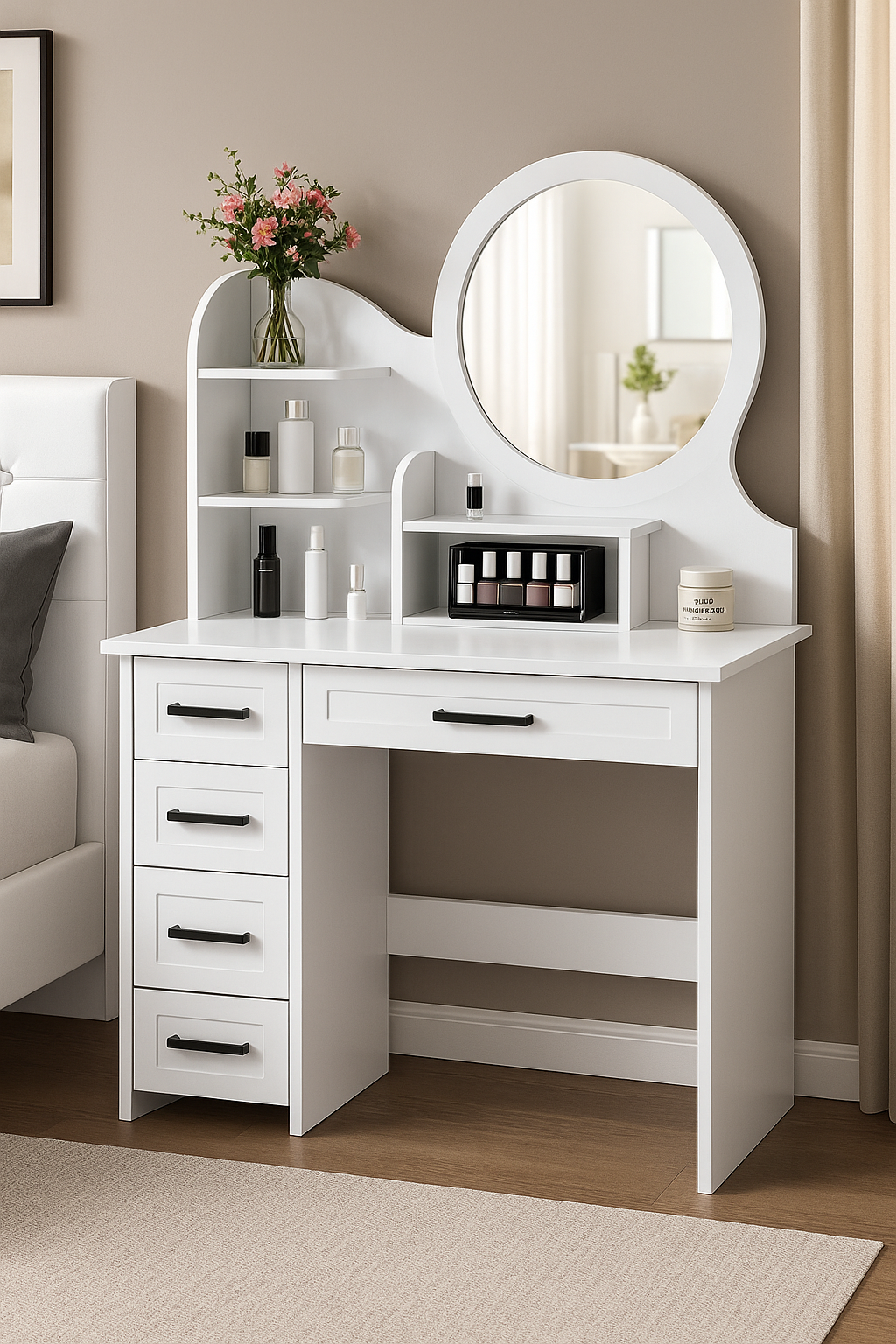 Modern White Makeup Vanity Desk with Mirror and 4 Drawers – Storage Shelves & LED Option