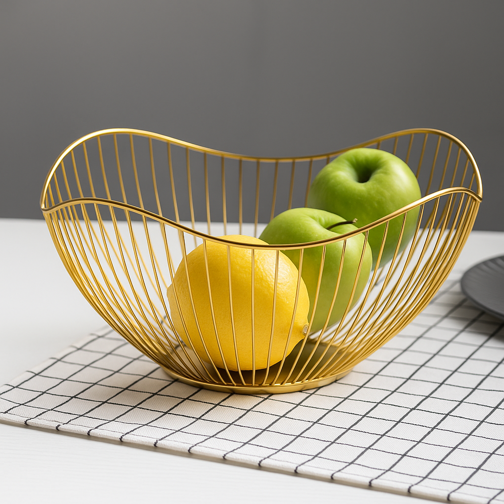 Sleek Wire Fruit Bowl – Gold & Black Iron Basket for Kitchen, Dining & Coffee Table
