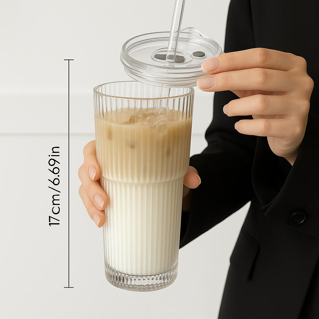 600ml Stripe Glass Cup with Lid & Straw – Iced Coffee & Juice Tumbler