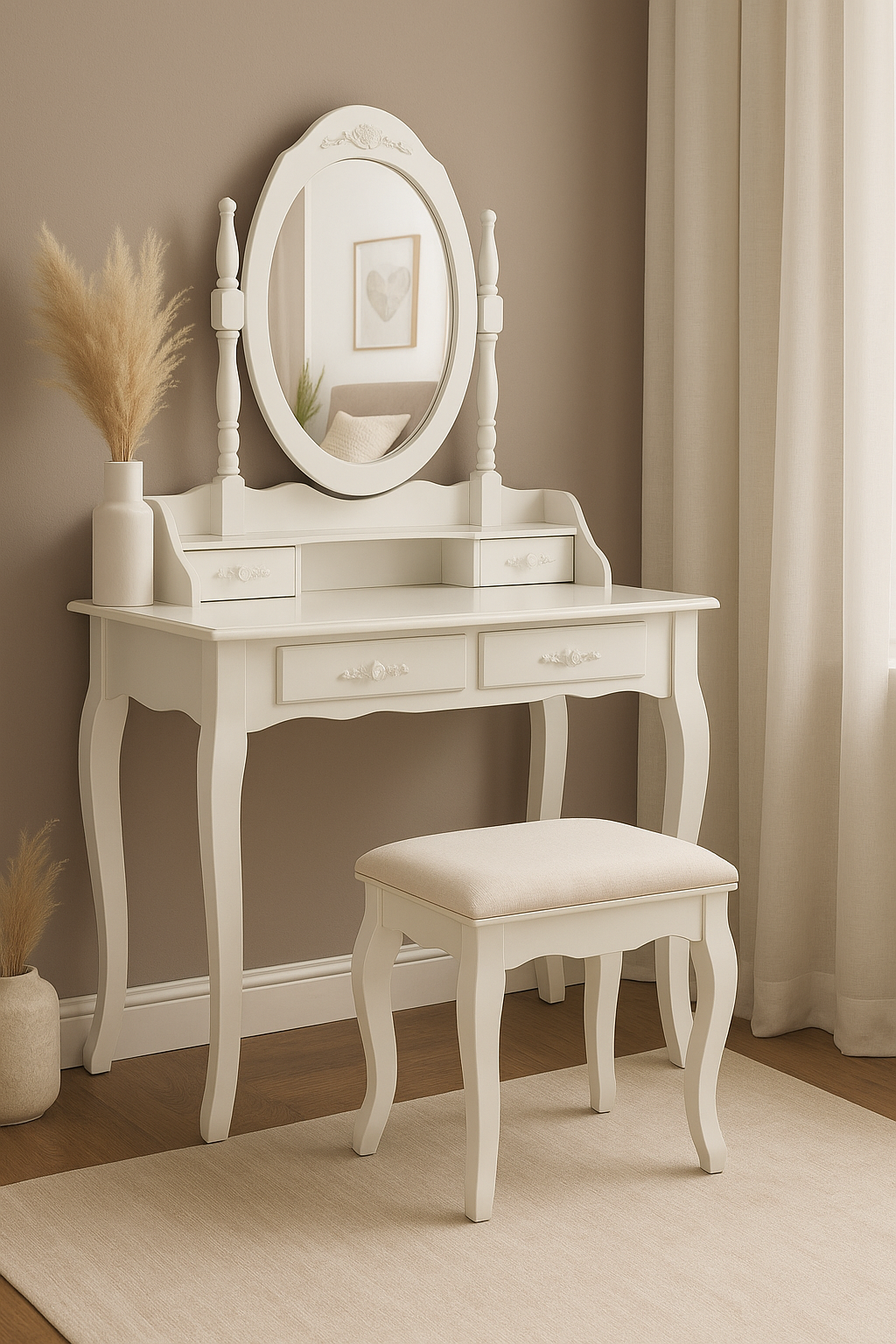 Elegance White Vanity Table Set – Makeup Desk with Mirror & Stool, 4 Drawers