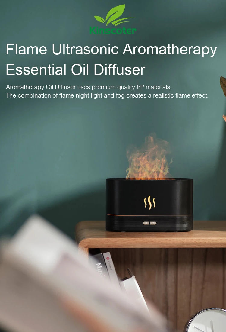Kinscoter Flame Aroma Diffuser – 180ml Ultrasonic Cool Mist Humidifier with LED Light & Essential Oil Function