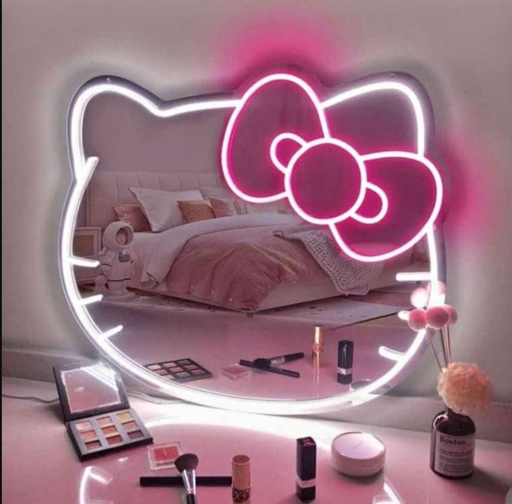 Hello Kitty LED Neon Wall Mirror β USB Powered Light-Up Mirror for Teen Room or Vanity