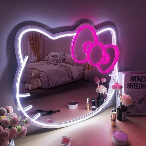 Hello Kitty LED Neon Wall Mirror β USB Powered Light-Up Mirror for Teen Room or Vanity