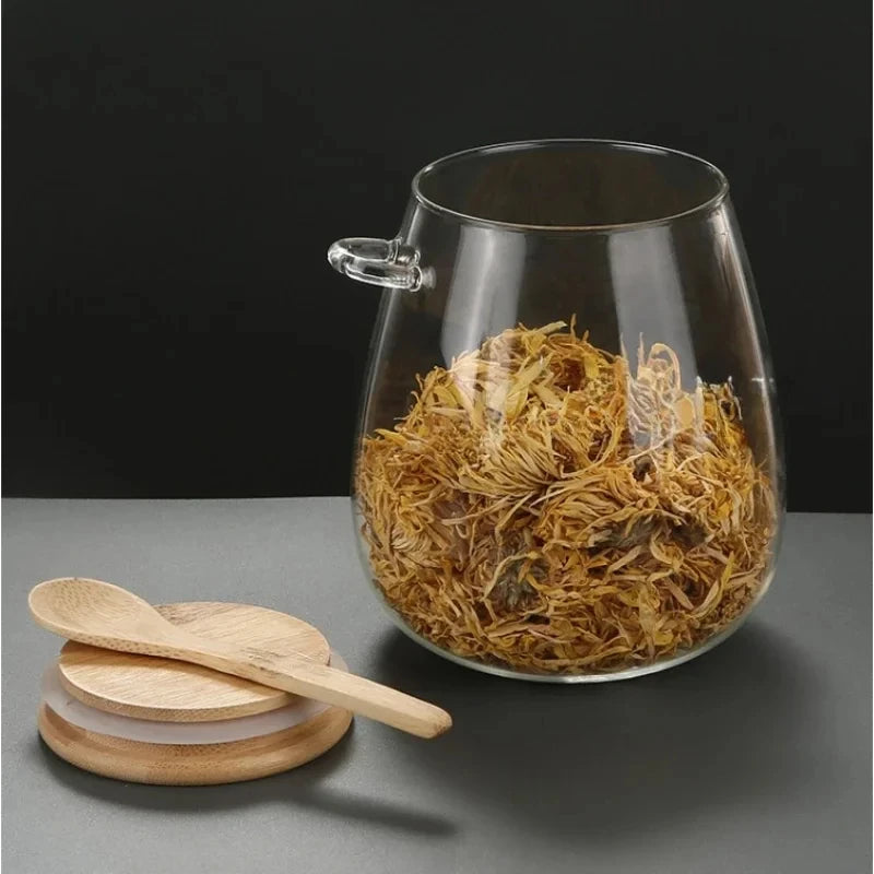 Airtight Glass Jar with Wooden Lid & Spoon – Food & Spice Storage