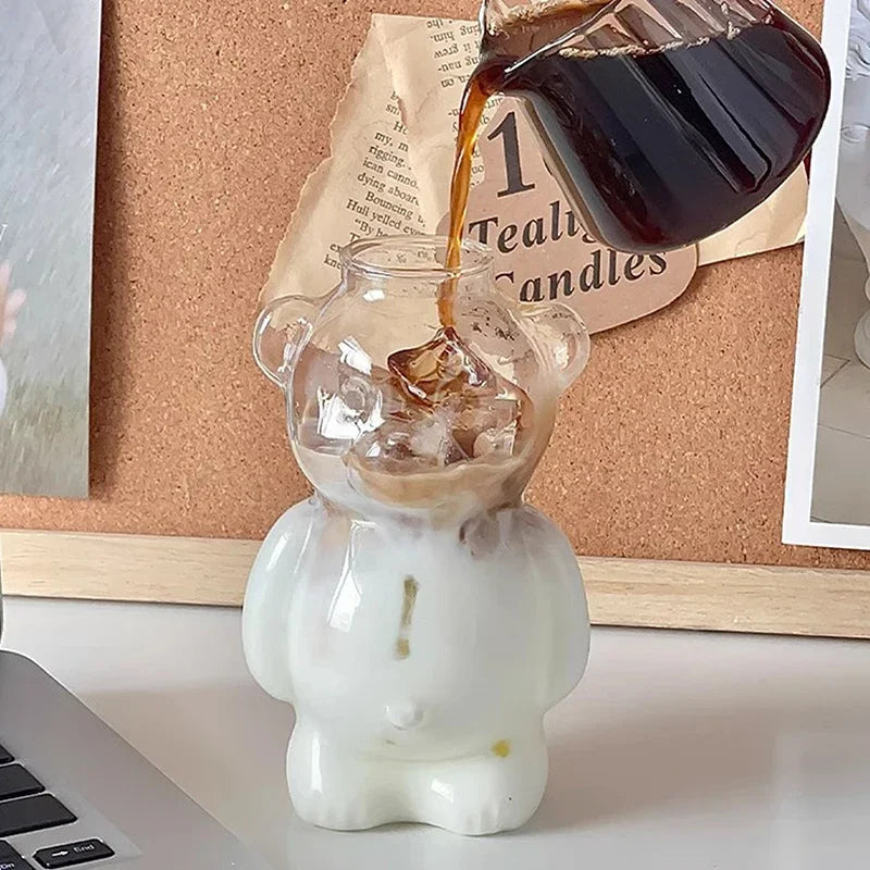 Cartoon Bear Glass Cup with Straw β 320ml Cute Transparent Mug for Juices, Milk Tea & More
