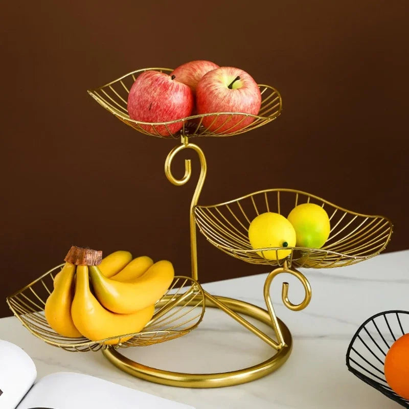 3-Tier Gold Metal Fruit Basket Stand – Decorative Countertop Tray for Kitchen & Dining