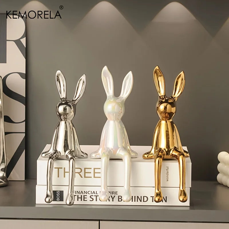 Ceramic Sitting Bunny Ornament β Long-Eared Rabbit Sculpture for Shelves or Entryways