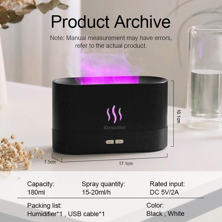 Kinscoter Flame Aroma Diffuser – 180ml Ultrasonic Cool Mist Humidifier with LED Light & Essential Oil Function