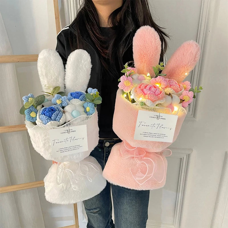 Whimsical Rabbit Ear Plush Bouquet – Soft Knitted Flowers in Gift Bag