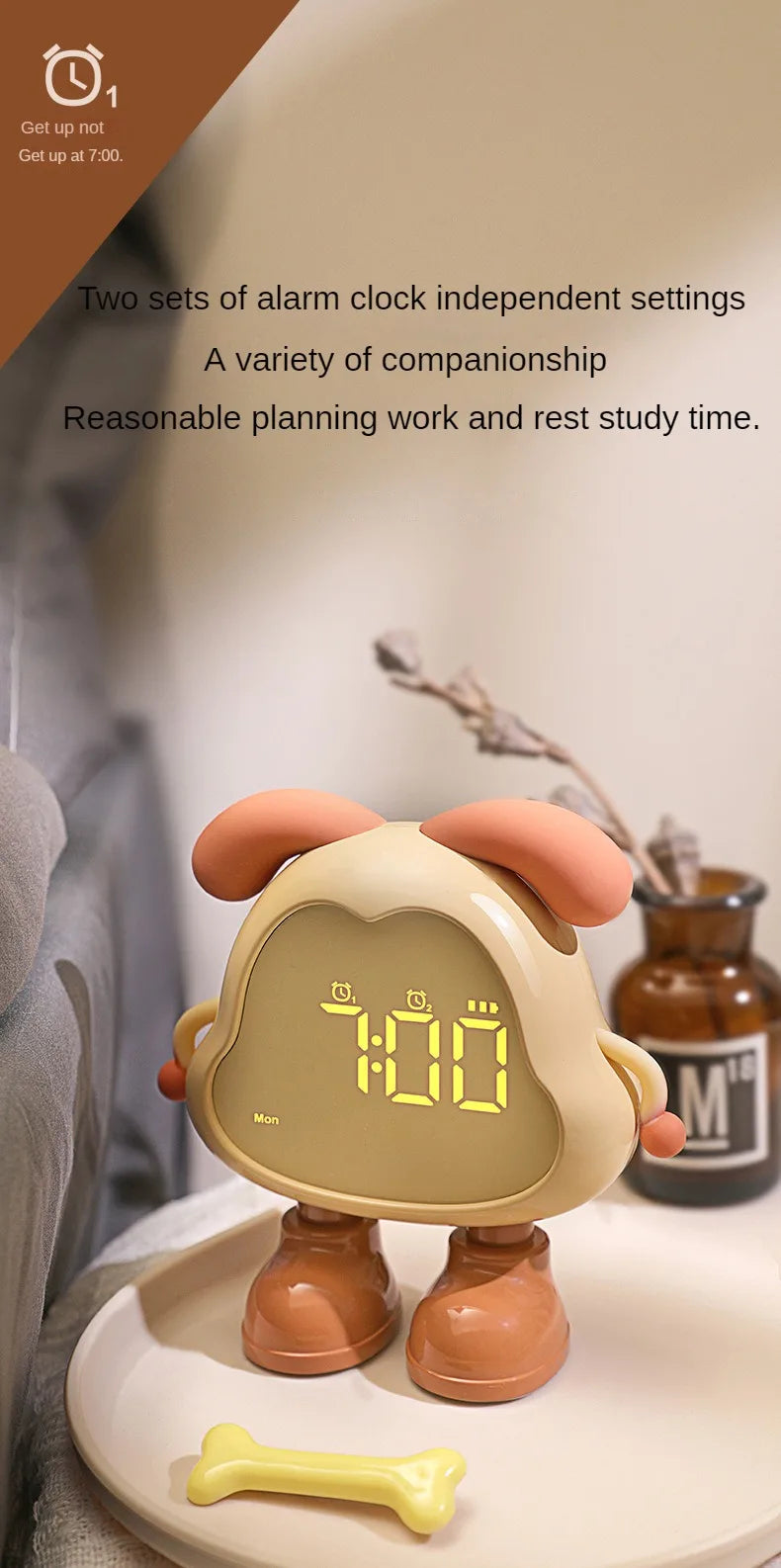 Cute Puppy LED Alarm Clock – Silent Rechargeable Desk Clock with Night Light for Kids & Students