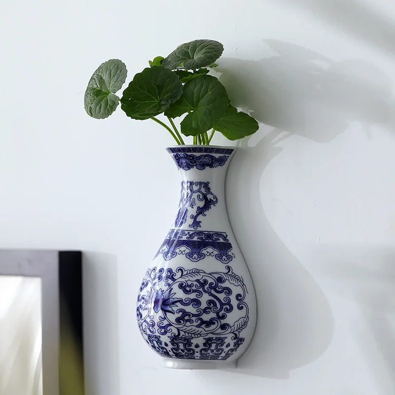 Vintage Blue & White Wall-Mounted Ceramic Vase – Porcelain Floral Holder for Home & Office Decor