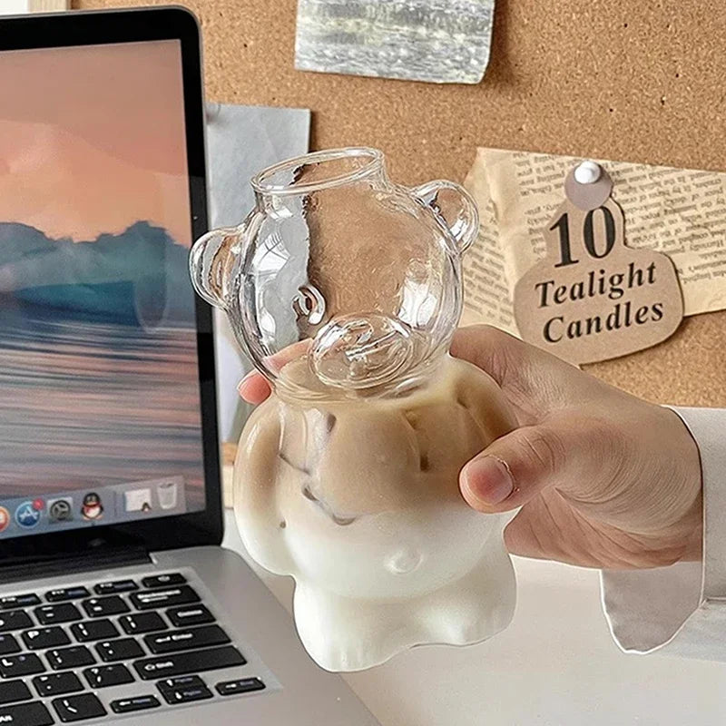 Cartoon Bear Glass Cup with Straw β 320ml Cute Transparent Mug for Juices, Milk Tea & More