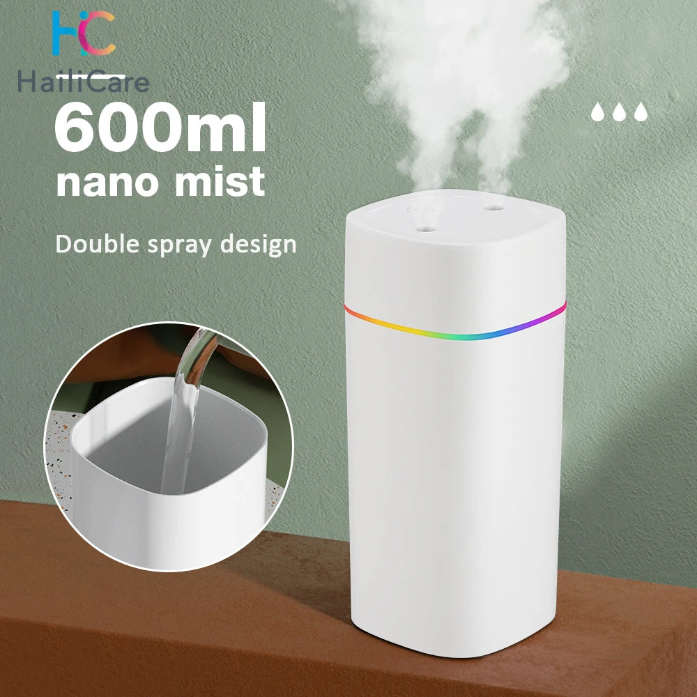 USB Cool Mist Humidifier – 600ml Portable Aromatherapy Diffuser with Night Light for Home & Car