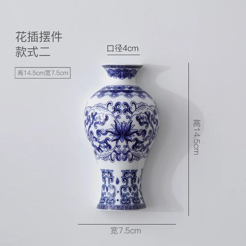 Vintage Blue & White Wall-Mounted Ceramic Vase – Porcelain Floral Holder for Home & Office Decor