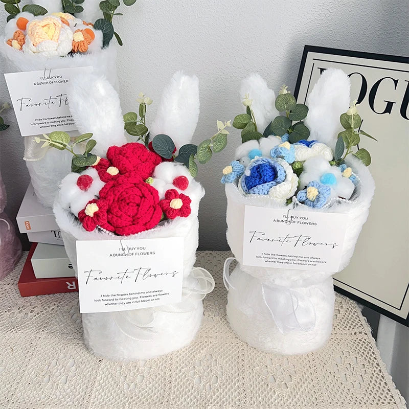 Whimsical Rabbit Ear Plush Bouquet – Soft Knitted Flowers in Gift Bag