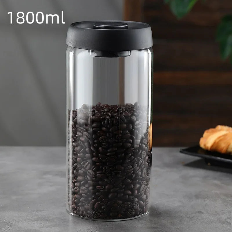 Vacuum Sealed Glass Coffee Storage Jar with Black Lid – Airtight Container for Beans, Tea & Pantry Staples