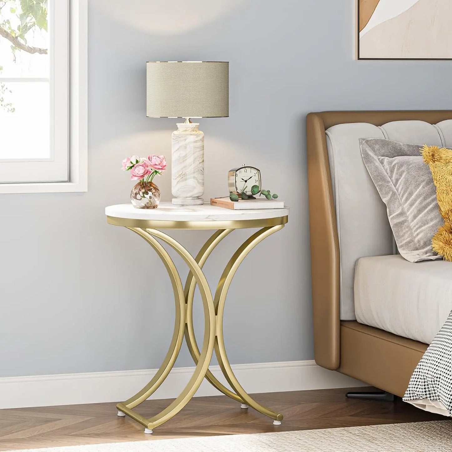 Elegant Round Faux Marble & Gold Side Table – Modern Accent Table for Living Room or Bedroom