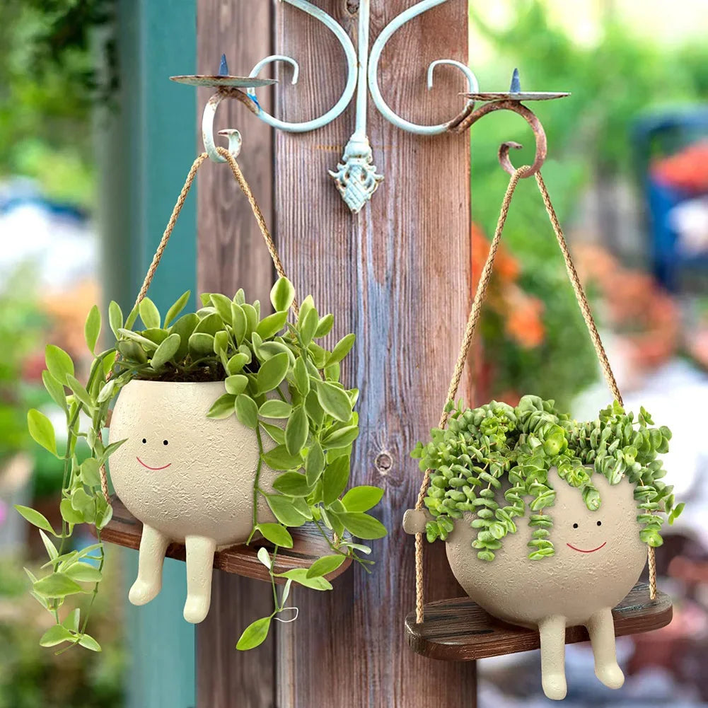 Resin Swing Cartoon Planter Pot – Cute Hanging Head Pot for Indoor & Outdoor Decor