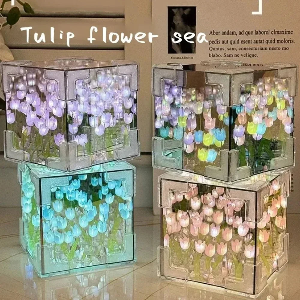 Tulip Bloom LED Night Light Cube – Romantic Floral Decor