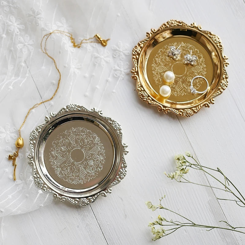 Metal Shell Storage Tray Round Glass Plate Jewelry Dish Earrings Ring Display Fruit Desktop Decor Photo Props