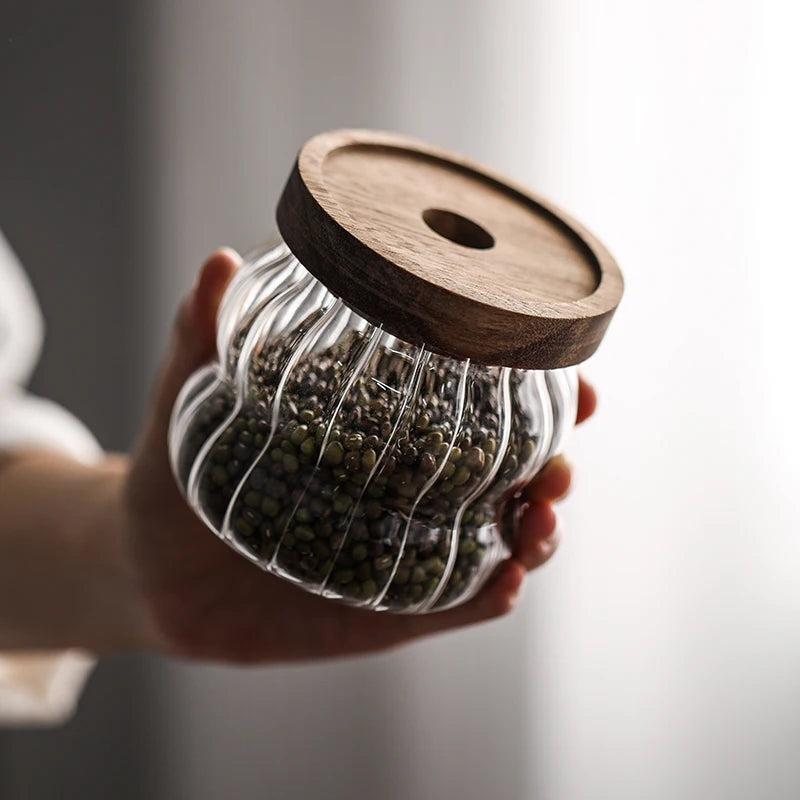 Ripple Glass Jar with Acacia Lid – Airtight Storage for Sugar, Snacks & Spices