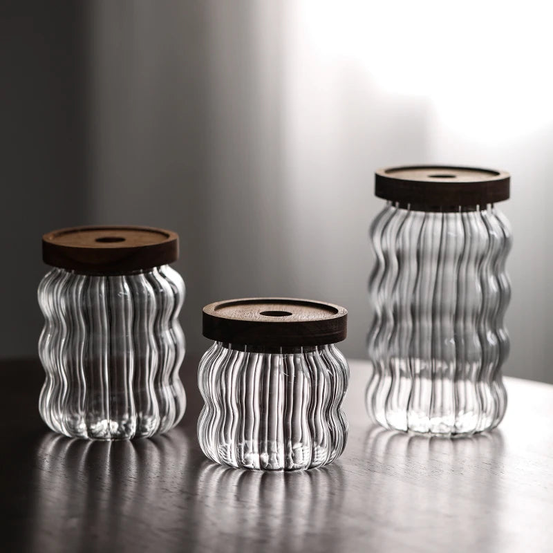 Ripple Glass Jar with Acacia Lid – Airtight Storage for Sugar, Snacks & Spices