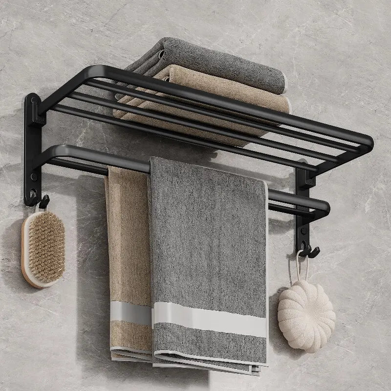 Matte Black Folding Towel Rack with Hooks – 50CM Wall-Mounted Aluminum Shelf