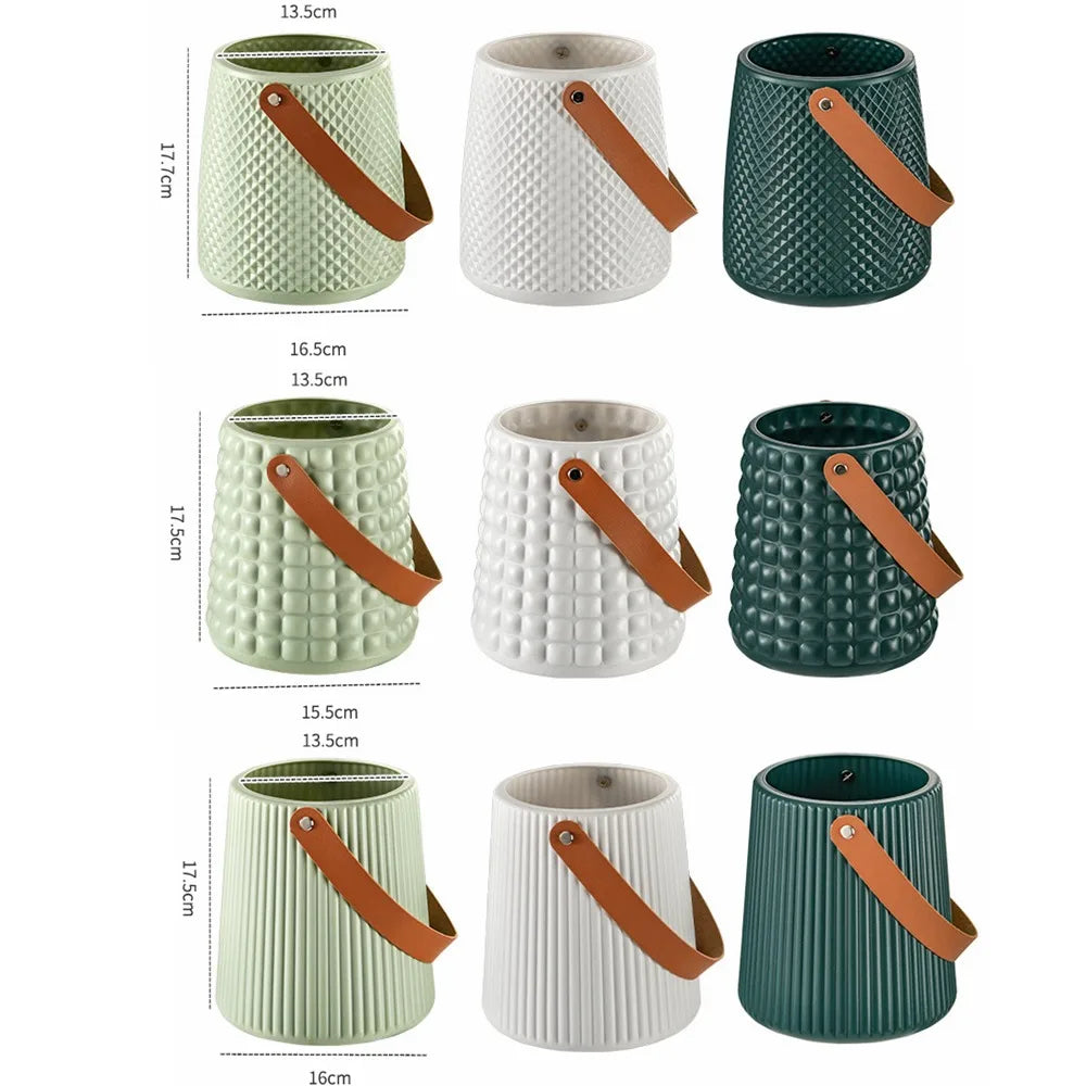 Nordic Style Leather Handle Flower Vase – Modern Anti-Fall Plastic Pot for Floral Arrangements