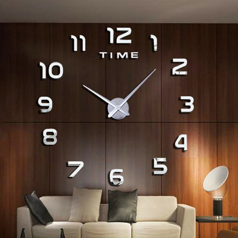 Modern 3D DIY Large Wall Clock – Quartz Acrylic Mirror Sticker Clock for Living Room & Office Décor