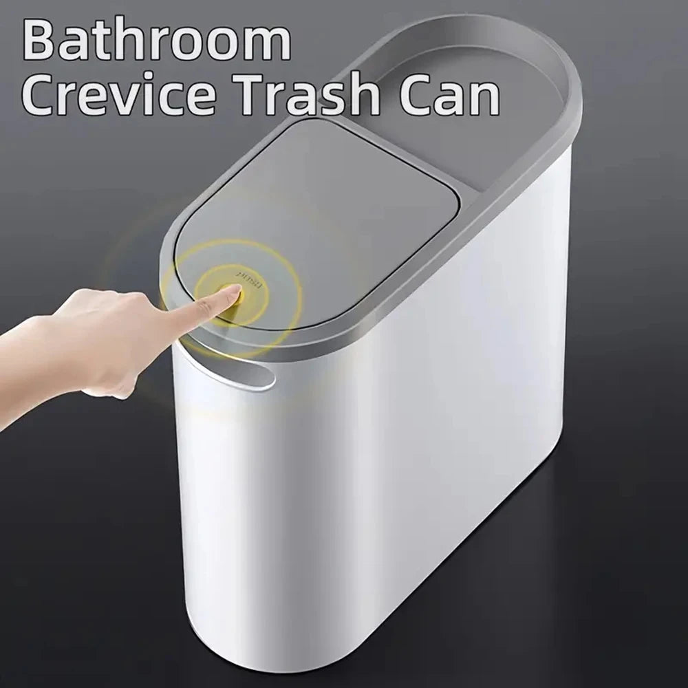 Slim Space-Saving Trash Bin with Lid – 10L Modern Press-Top Garbage Can for Bathroom & Kitchen