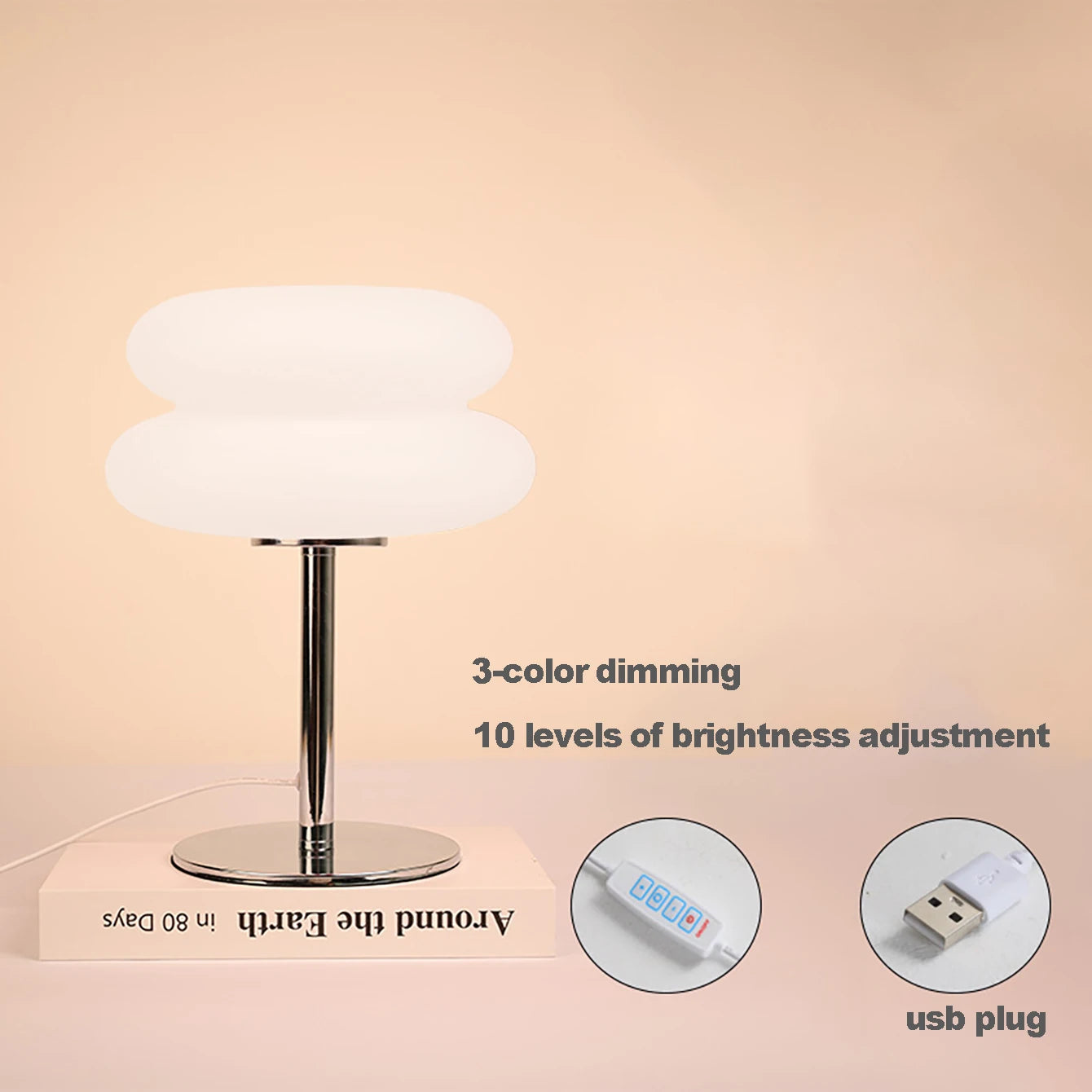 Creamy Dome Table Lamp – USB Plug-In with 3 Color Dimming for Bedroom or Study