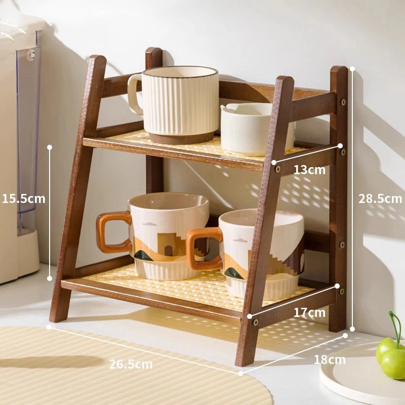 2-Layer Bamboo Countertop Organizer Rack – Multipurpose Coffee Cup Holder Shelf
