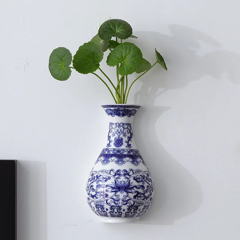 Vintage Blue & White Wall-Mounted Ceramic Vase – Porcelain Floral Holder for Home & Office Decor