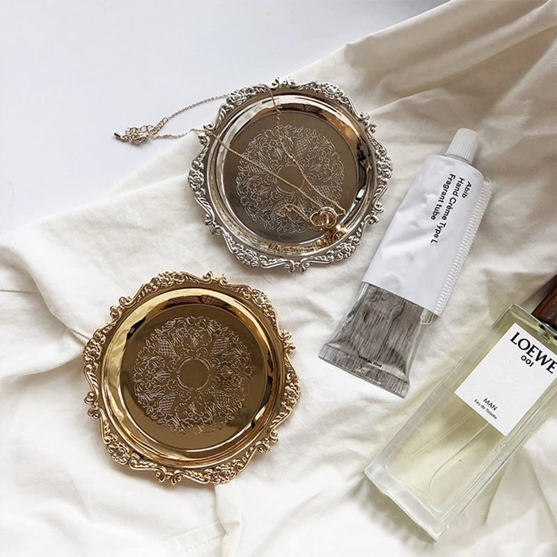 Metal Shell Storage Tray Round Glass Plate Jewelry Dish Earrings Ring Display Fruit Desktop Decor Photo Props
