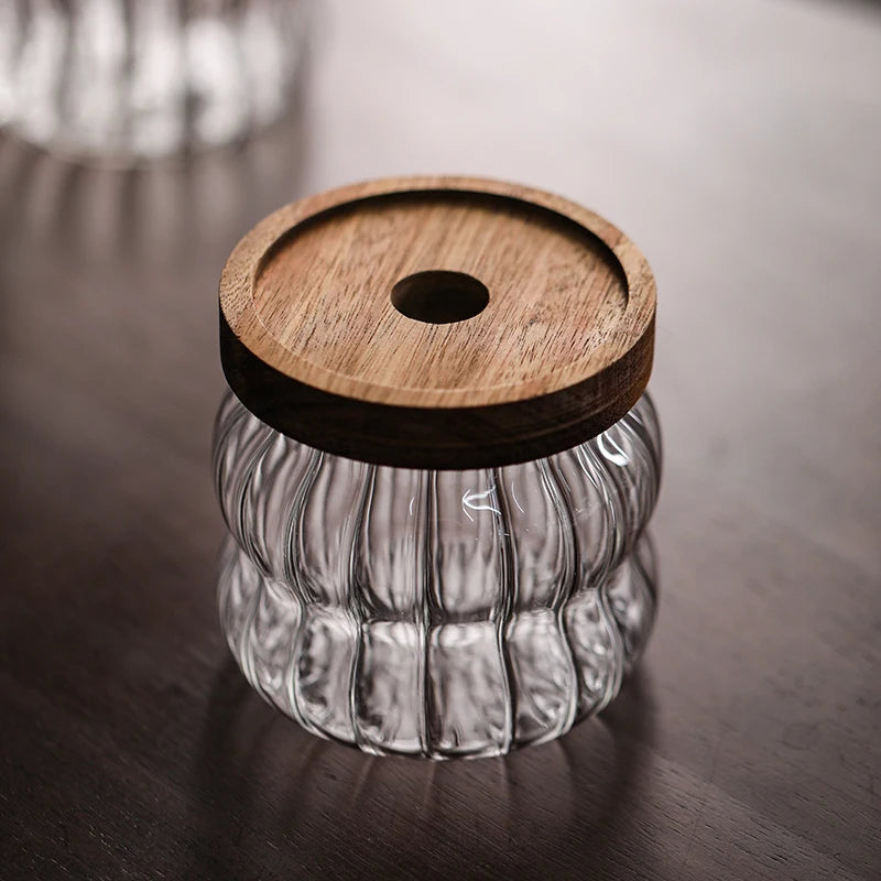 Ripple Glass Jar with Acacia Lid – Airtight Storage for Sugar, Snacks & Spices