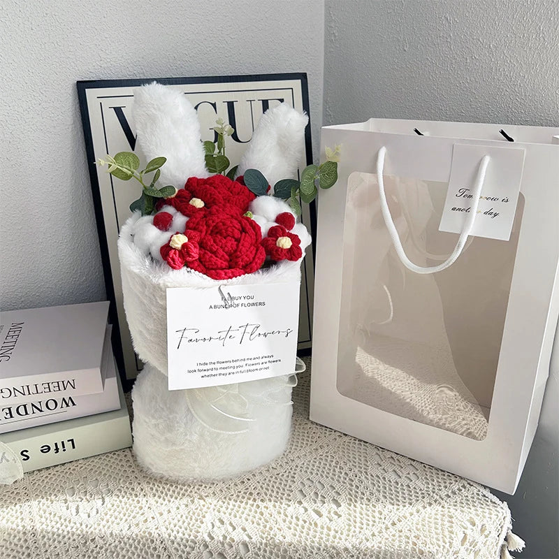 Whimsical Rabbit Ear Plush Bouquet – Soft Knitted Flowers in Gift Bag