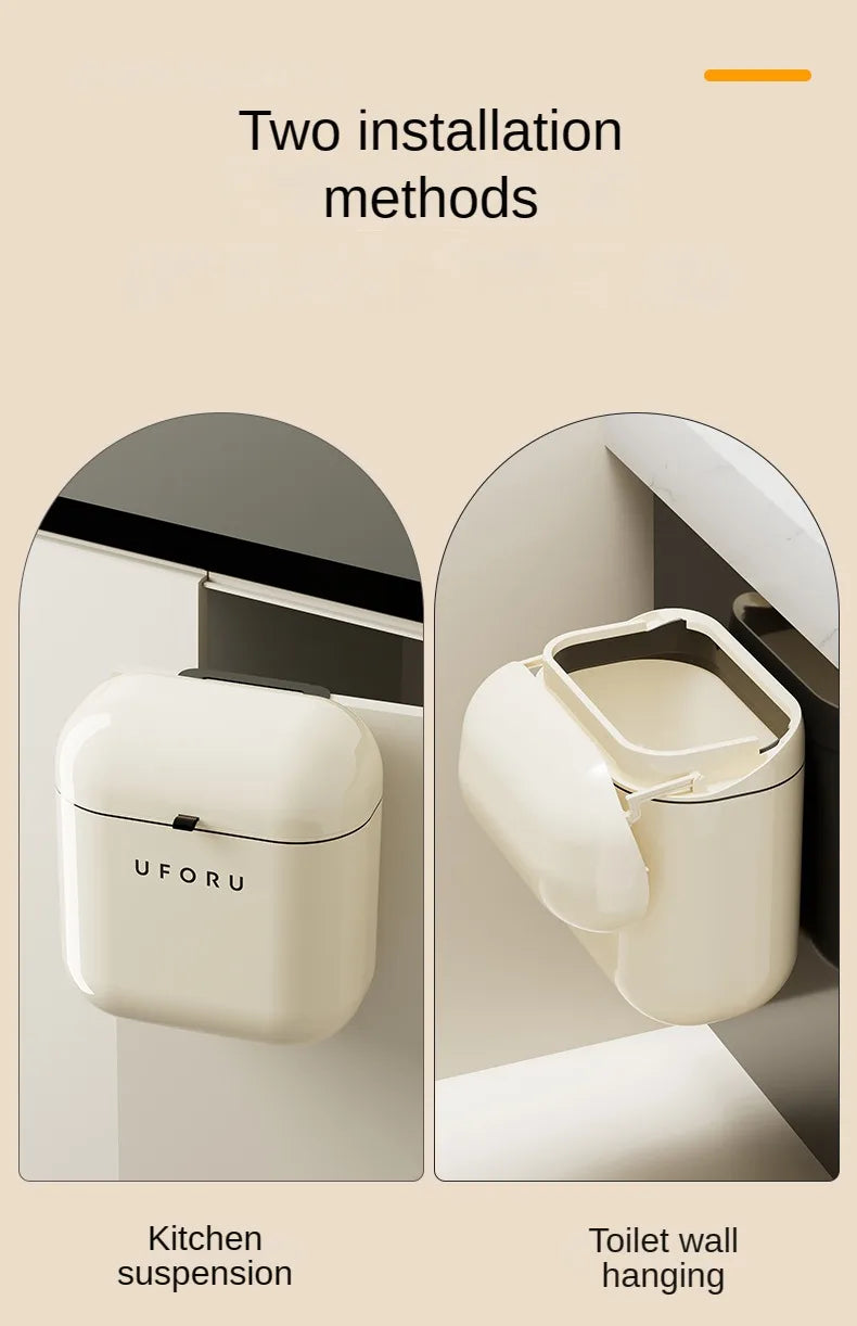 Cream Wall-Mounted Trash Can with Lid – 9L/12L Space-Saving Kitchen Bin for Cabinets, Food Waste & Bathroom