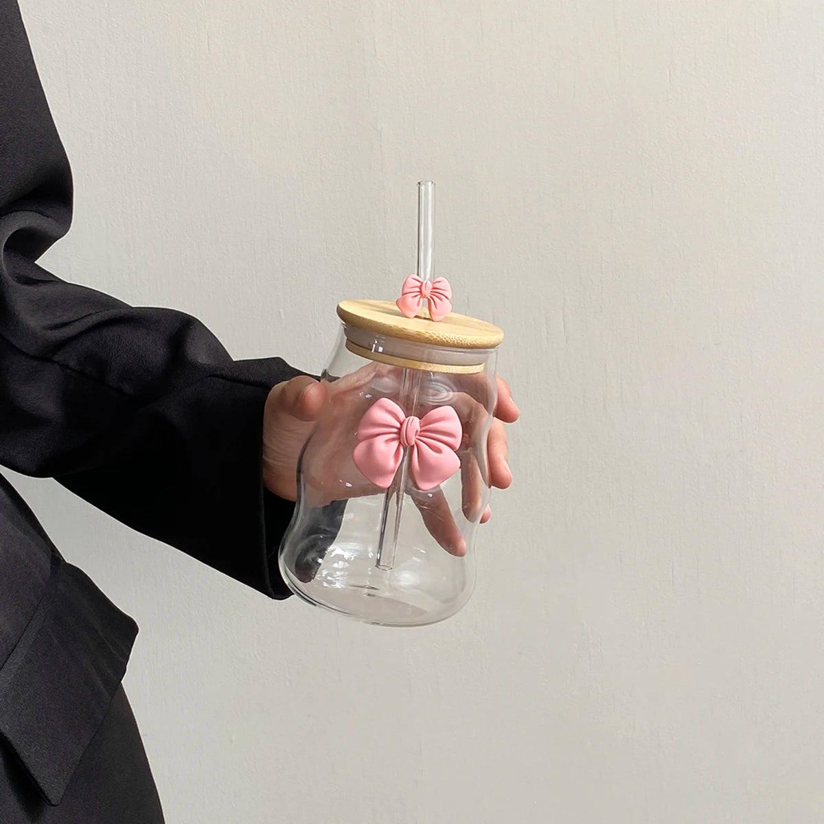 Wavy Glass Cup with Straw β Pink Bow Lid Edition