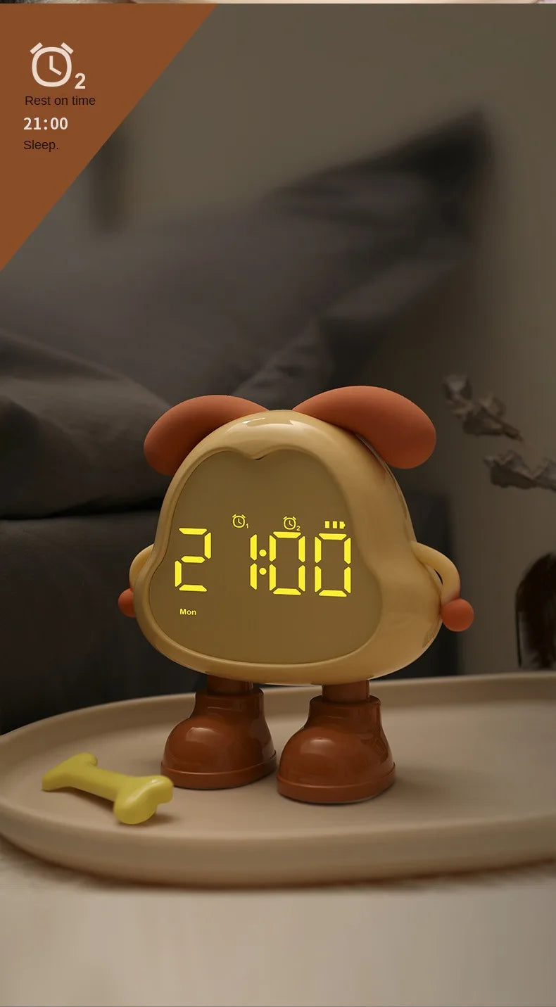 Cute Puppy LED Alarm Clock – Silent Rechargeable Desk Clock with Night Light for Kids & Students