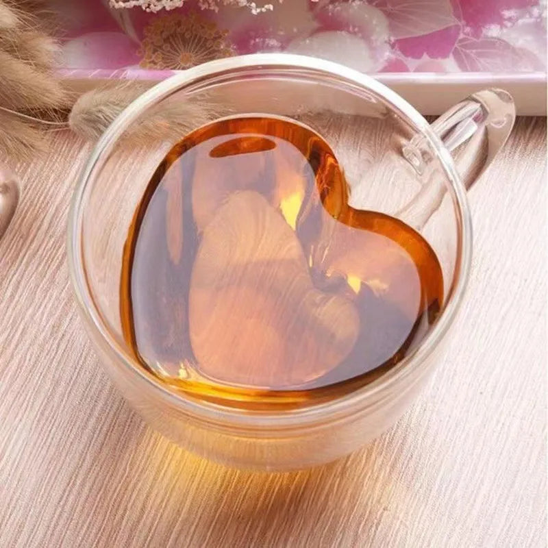 Heart-Shaped Double Wall Glass Mug – 250ml Heat-Resistant Lover’s Cup
