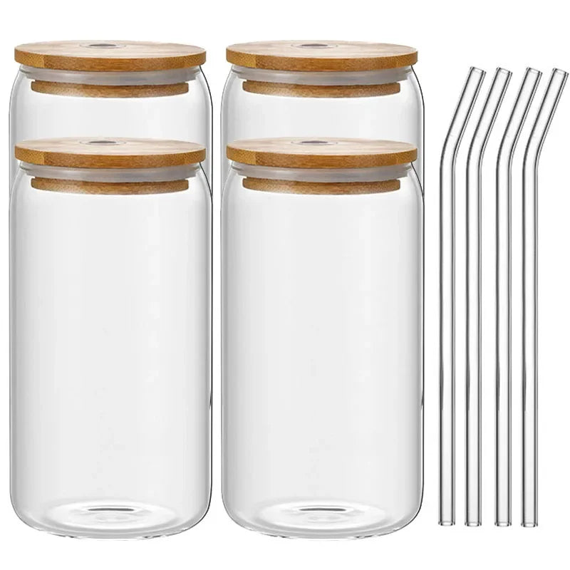 Clear Glass Coffee Cup with Bamboo Lid & Straw β 450ml Iced Drink Jar