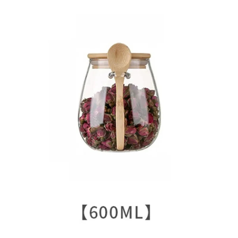 Airtight Glass Jar with Wooden Lid & Spoon – Food & Spice Storage