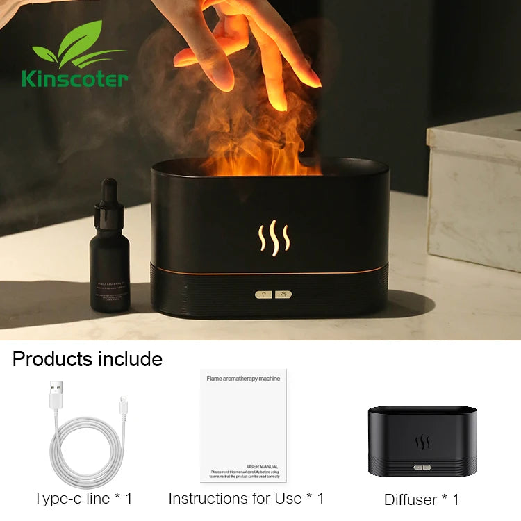 Kinscoter Flame Aroma Diffuser – 180ml Ultrasonic Cool Mist Humidifier with LED Light & Essential Oil Function