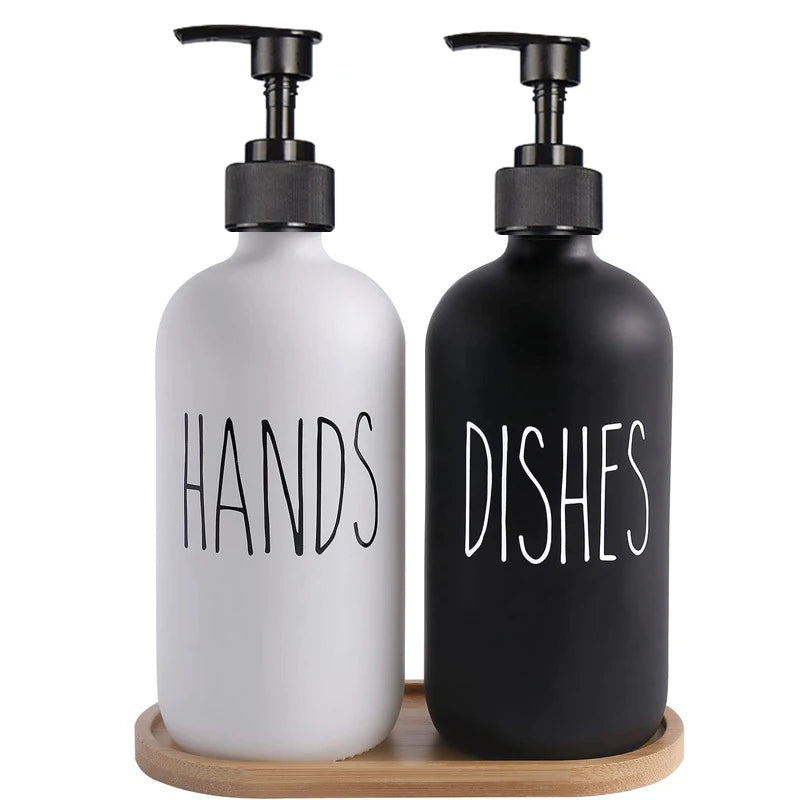 500ml Matte Black Soap Dispenser Set with Labels & Bamboo Tray – Hands & Dishes Bottles for Kitchen & Bathroom