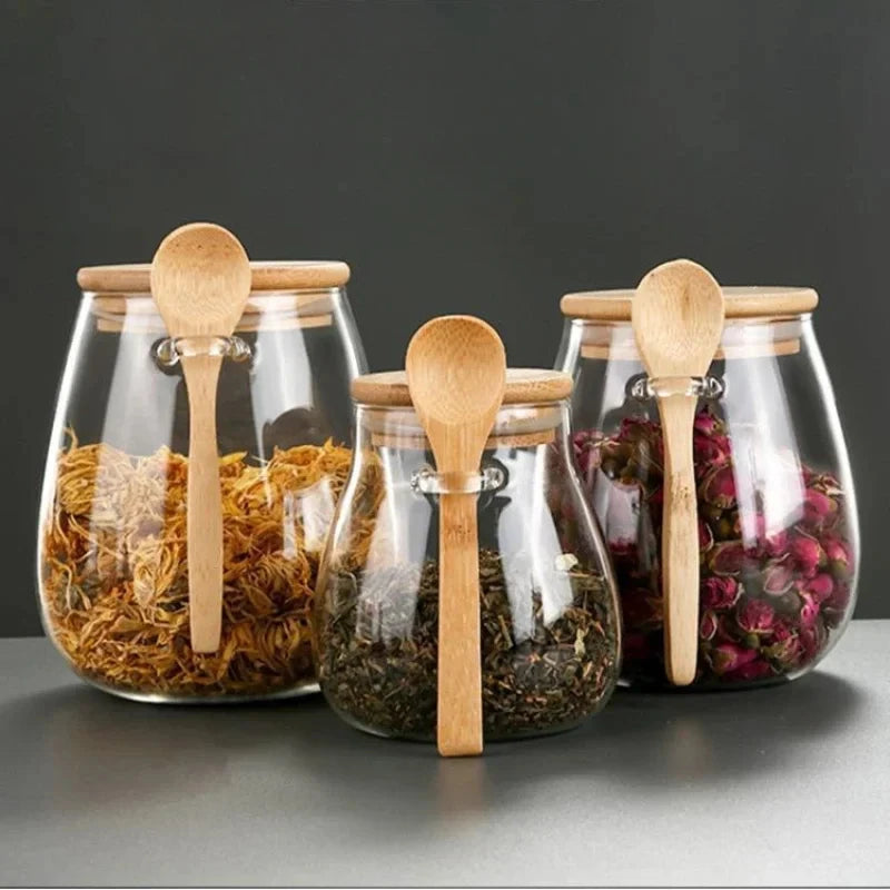 Airtight Glass Jar with Wooden Lid & Spoon – Food & Spice Storage