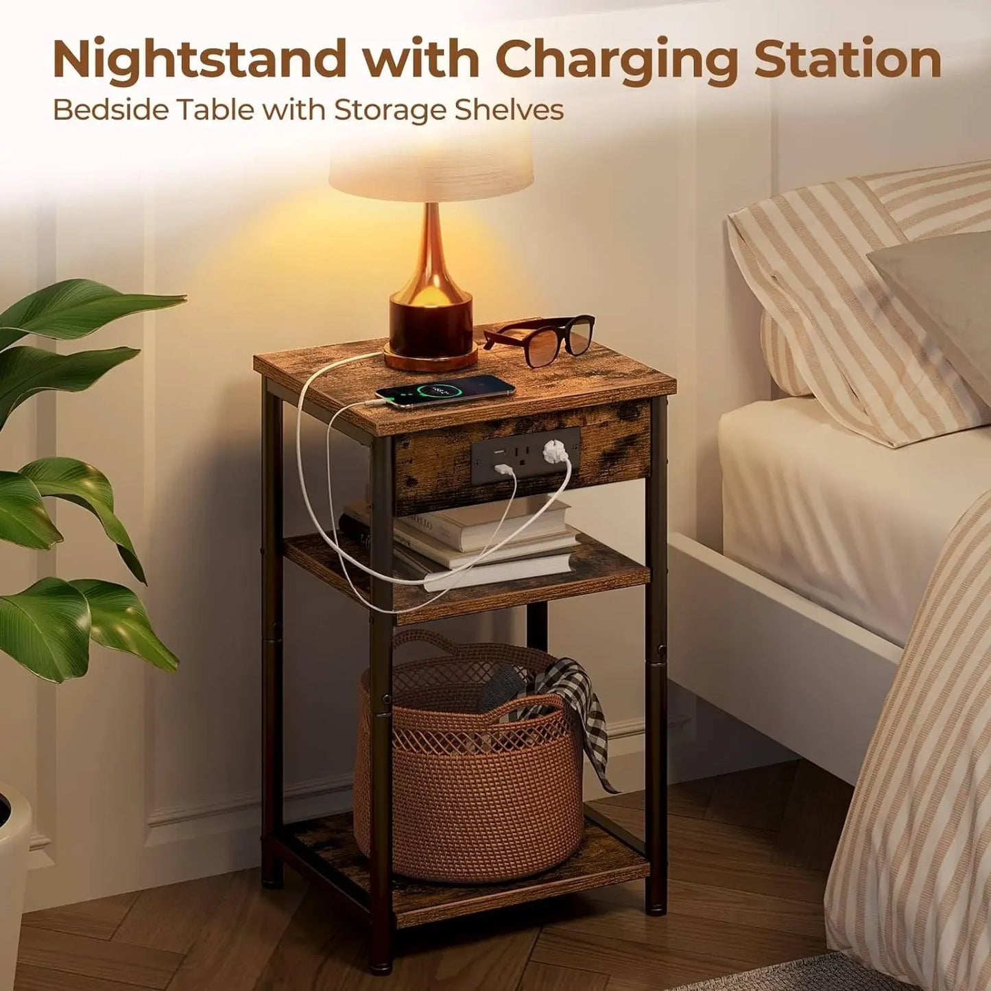 Smart Side Table with Charging Ports – 3-Tier Rustic Nightstand with Storage for Living Room or Bedroom